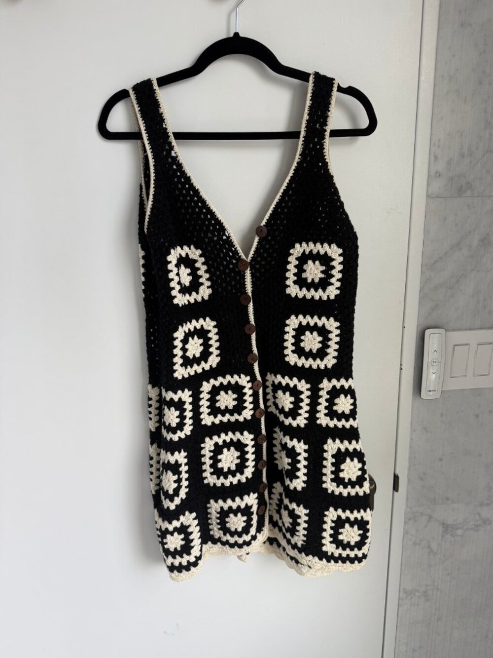Akoia Swim Crochet Dress – Black & White Granny Square, Button Front, ML